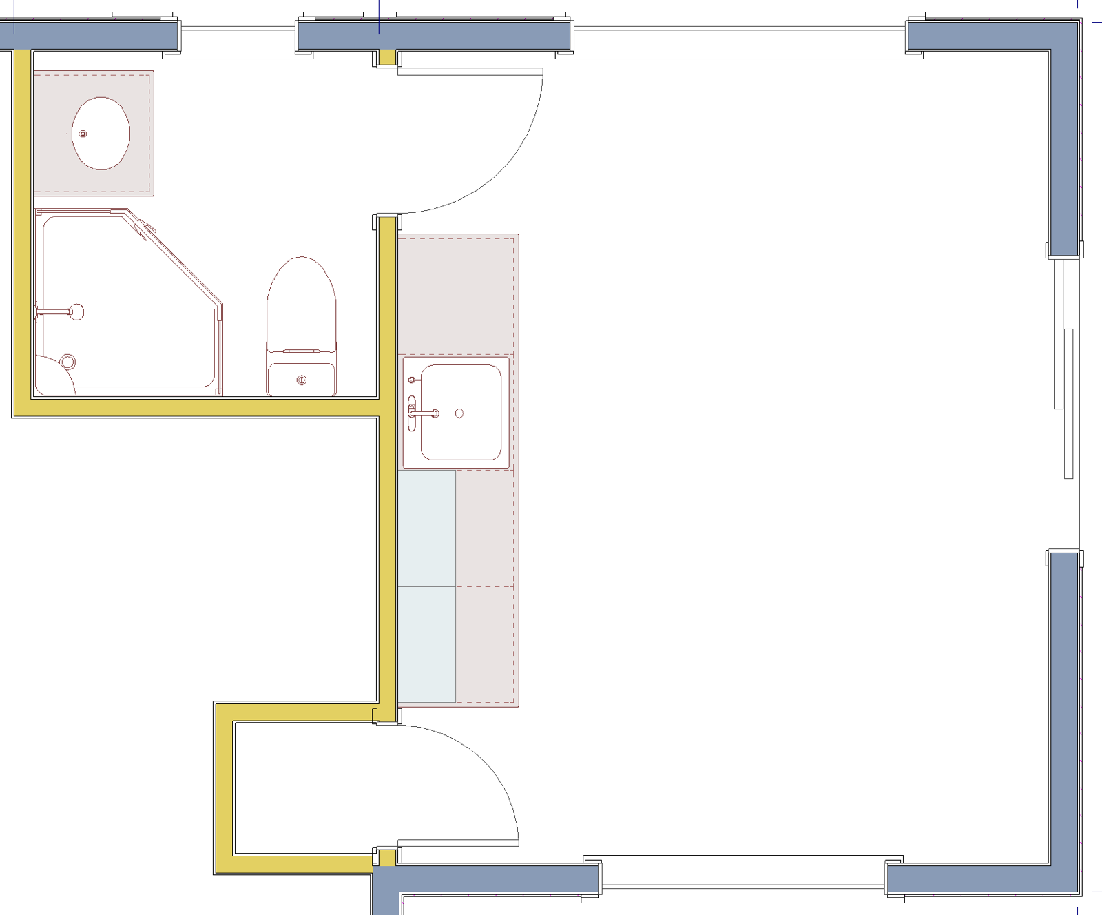 Studio floor plan: bathroom top left, kitchenette along the left wall of the main room, closet at bottom left